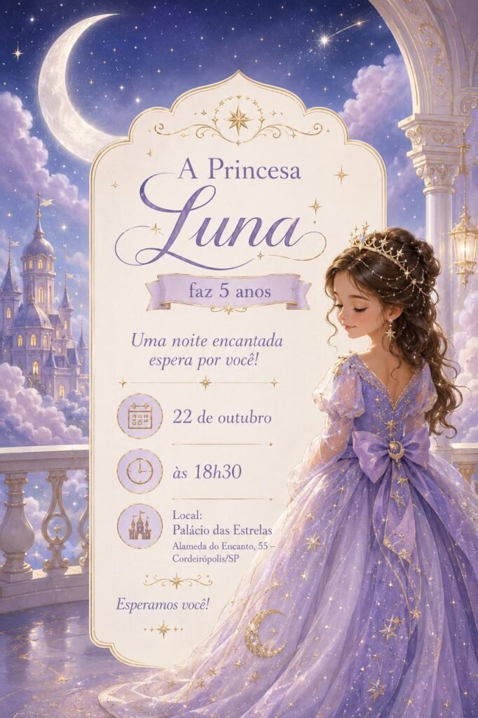 Convite digital infantil tema princesa.