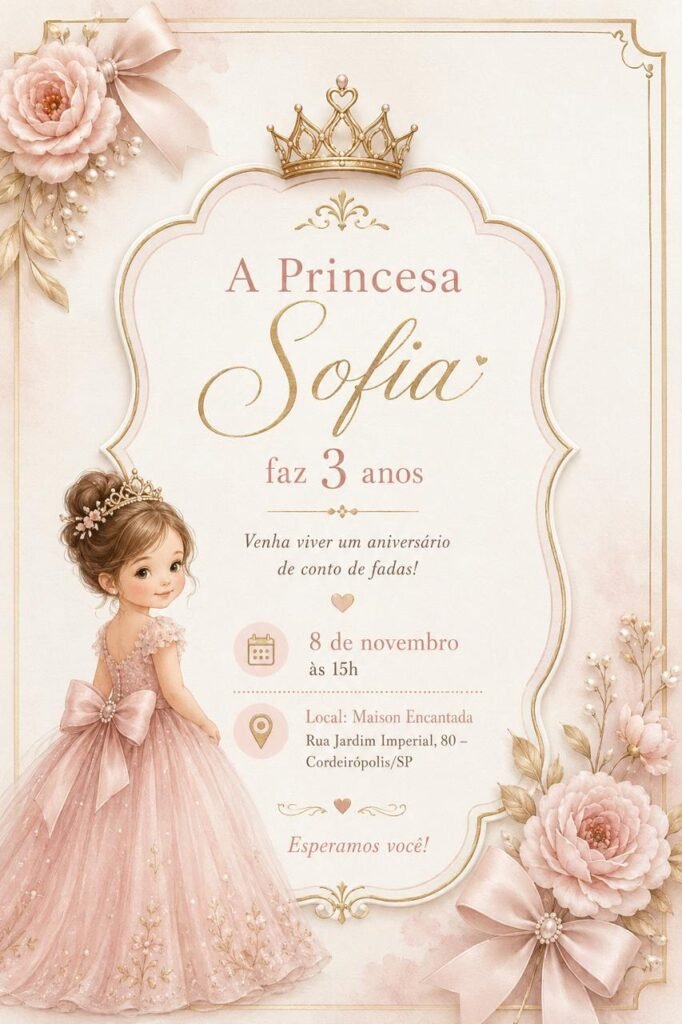 Convite digital infantil tema princesa.