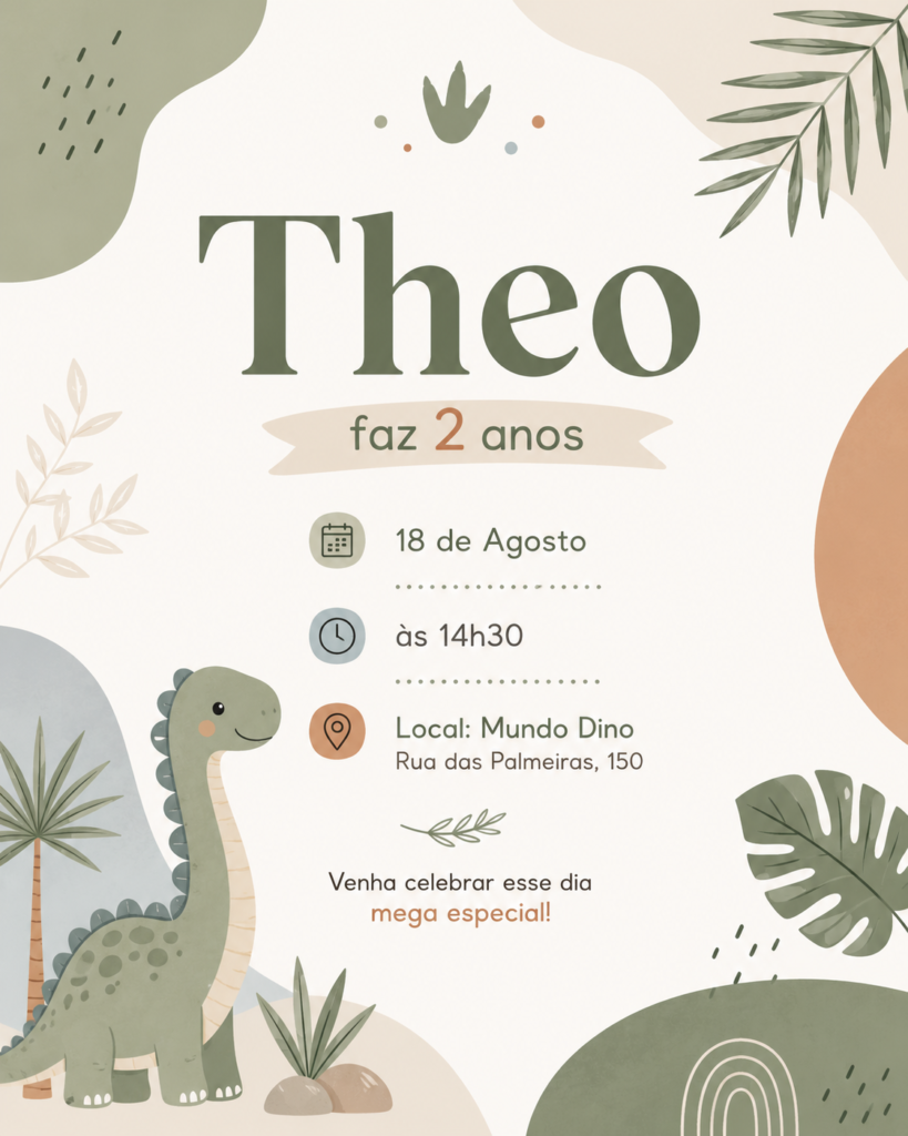 Convite Dinossauro Theo — Minimalista